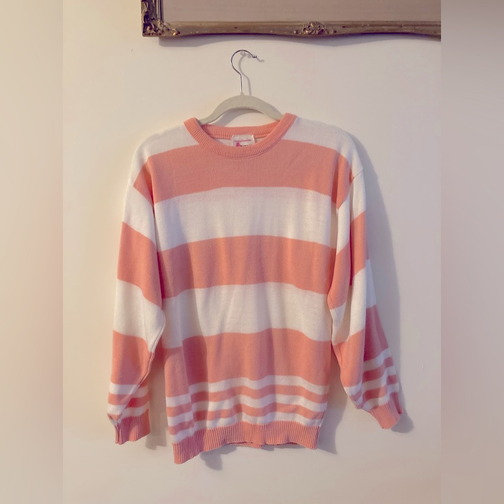 Vintage 80s Chorus Line Pink and White Striped Sweater Retro Size Large